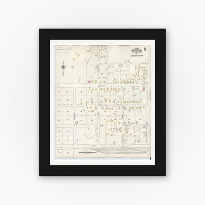 Old map wall art mockup — black gallery frame with white mat — Sanborn Fire Insurance Map from Whitesboro, Grayson County, Texas (1943), Sheet #0008