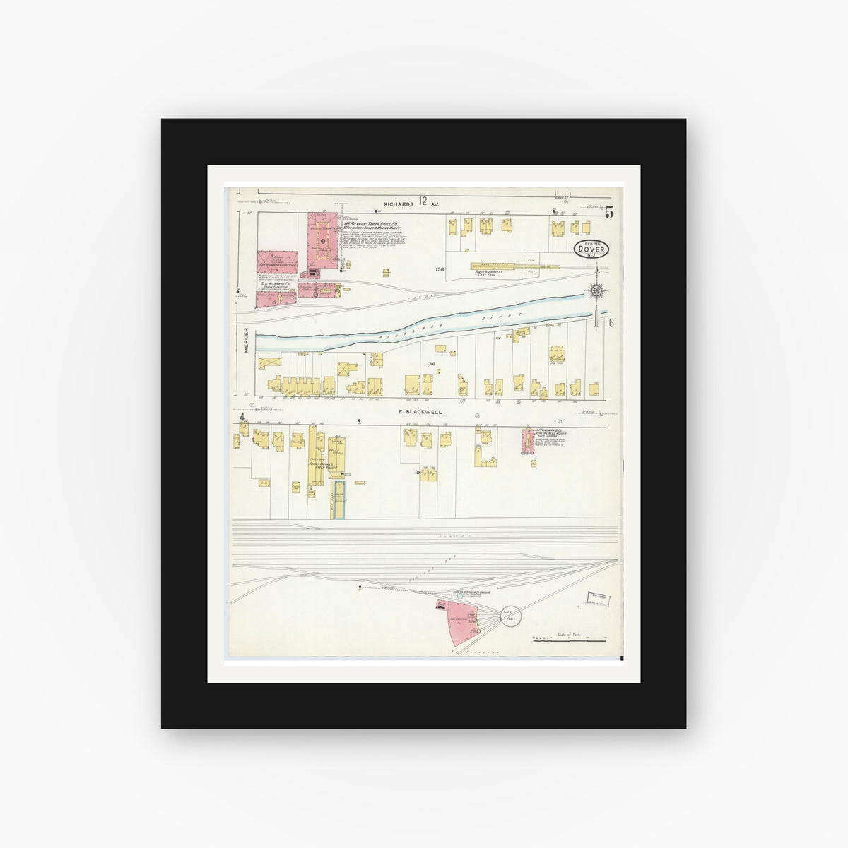 Old map wall art mockup — black gallery frame with white mat — Sanborn Fire Insurance Map from Dover, Morris County, New Jersey (1916), Sheet #0005