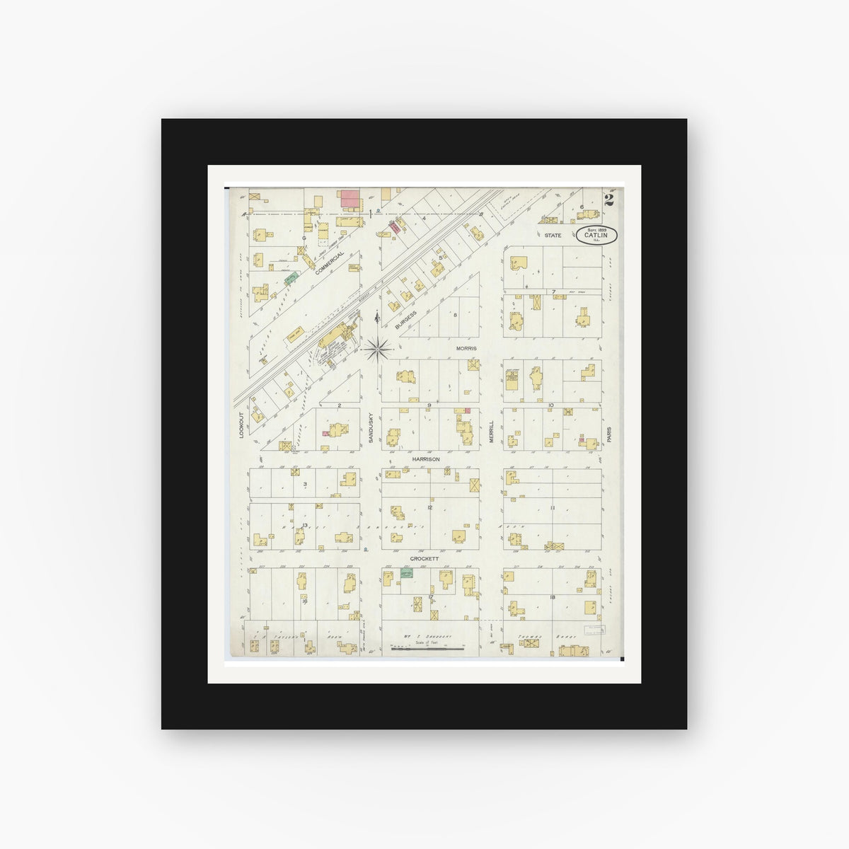 Old map wall art mockup — black gallery frame with white mat — Sanborn Fire Insurance Map from Catlin, Vermilion County, Illinois (1899), Sheet #0002