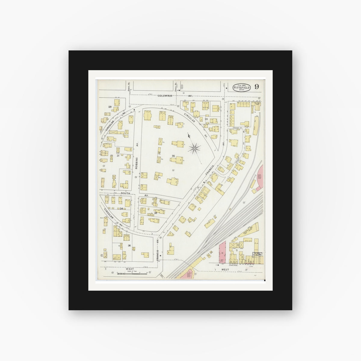 Old map wall art mockup — black gallery frame with white mat — Sanborn Fire Insurance Map from Pittsfield, Berkshire County, Massachusetts (1895), Sheet #0009