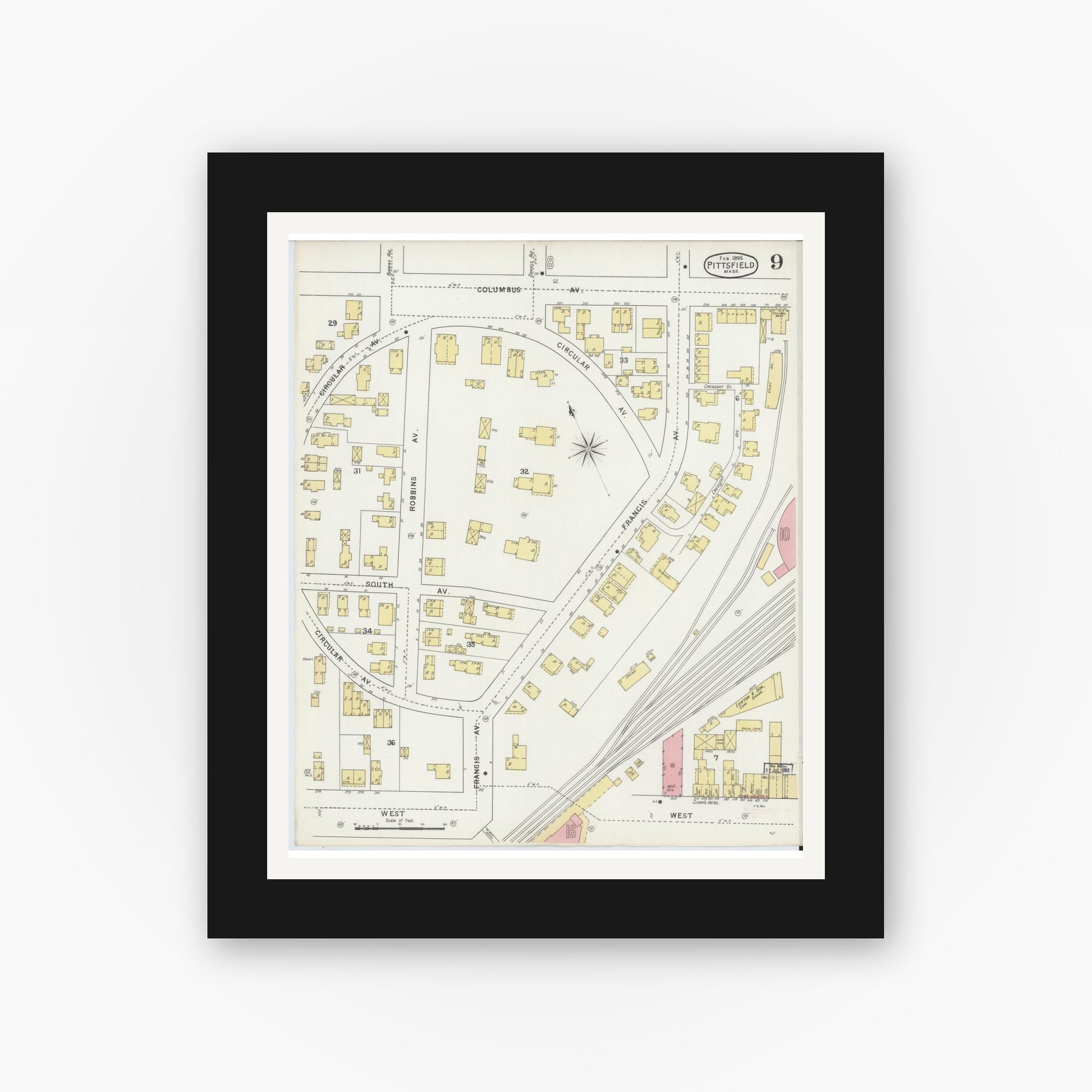 Old map wall art mockup — black gallery frame with white mat — Sanborn Fire Insurance Map from Pittsfield, Berkshire County, Massachusetts (1895), Sheet #0009