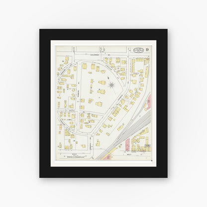 Old map wall art mockup — black gallery frame with white mat — Sanborn Fire Insurance Map from Pittsfield, Berkshire County, Massachusetts (1895), Sheet #0009
