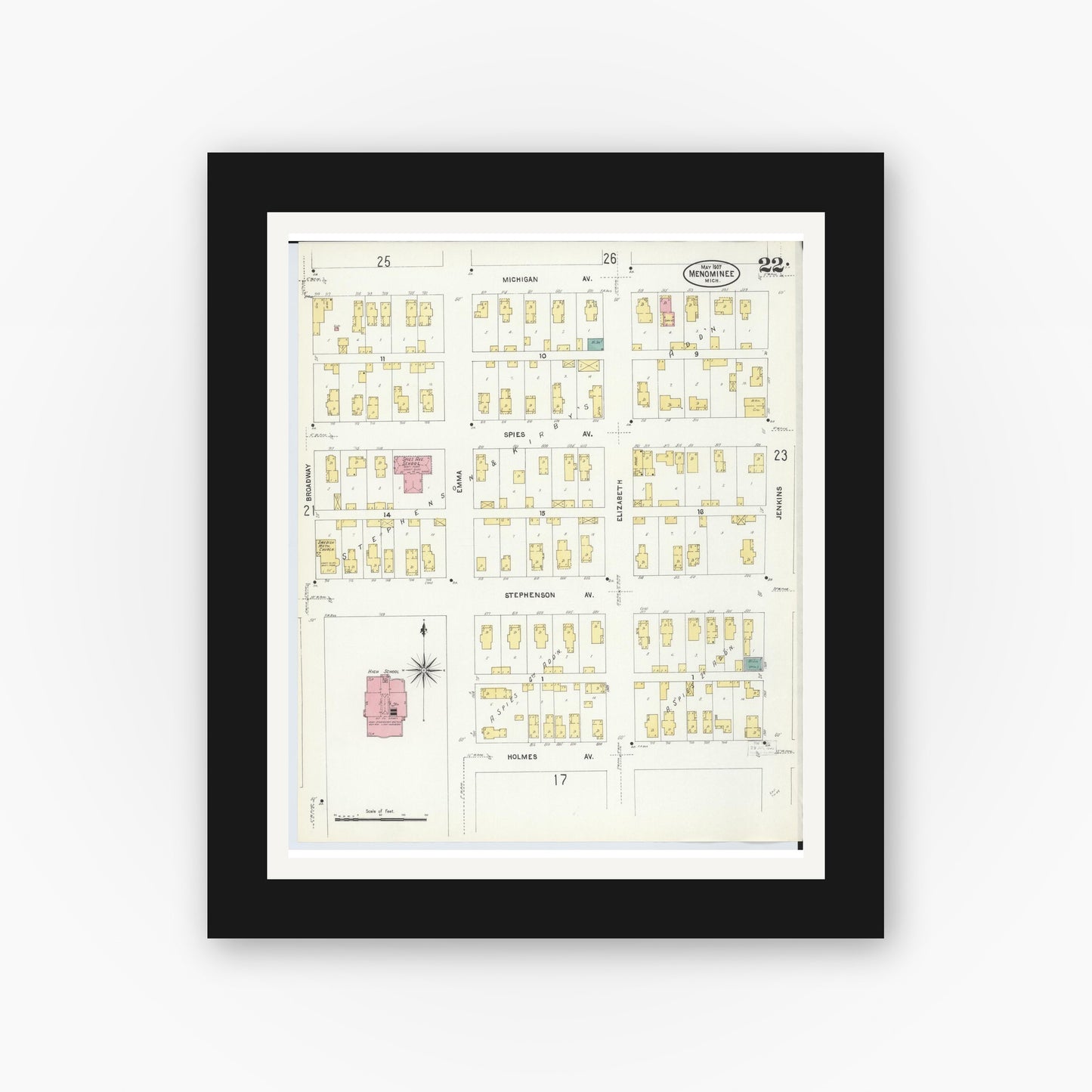 Old map wall art mockup — black gallery frame with white mat — Sanborn Fire Insurance Map from Menominee, Menominee County, Michigan (1907), Sheet #0022