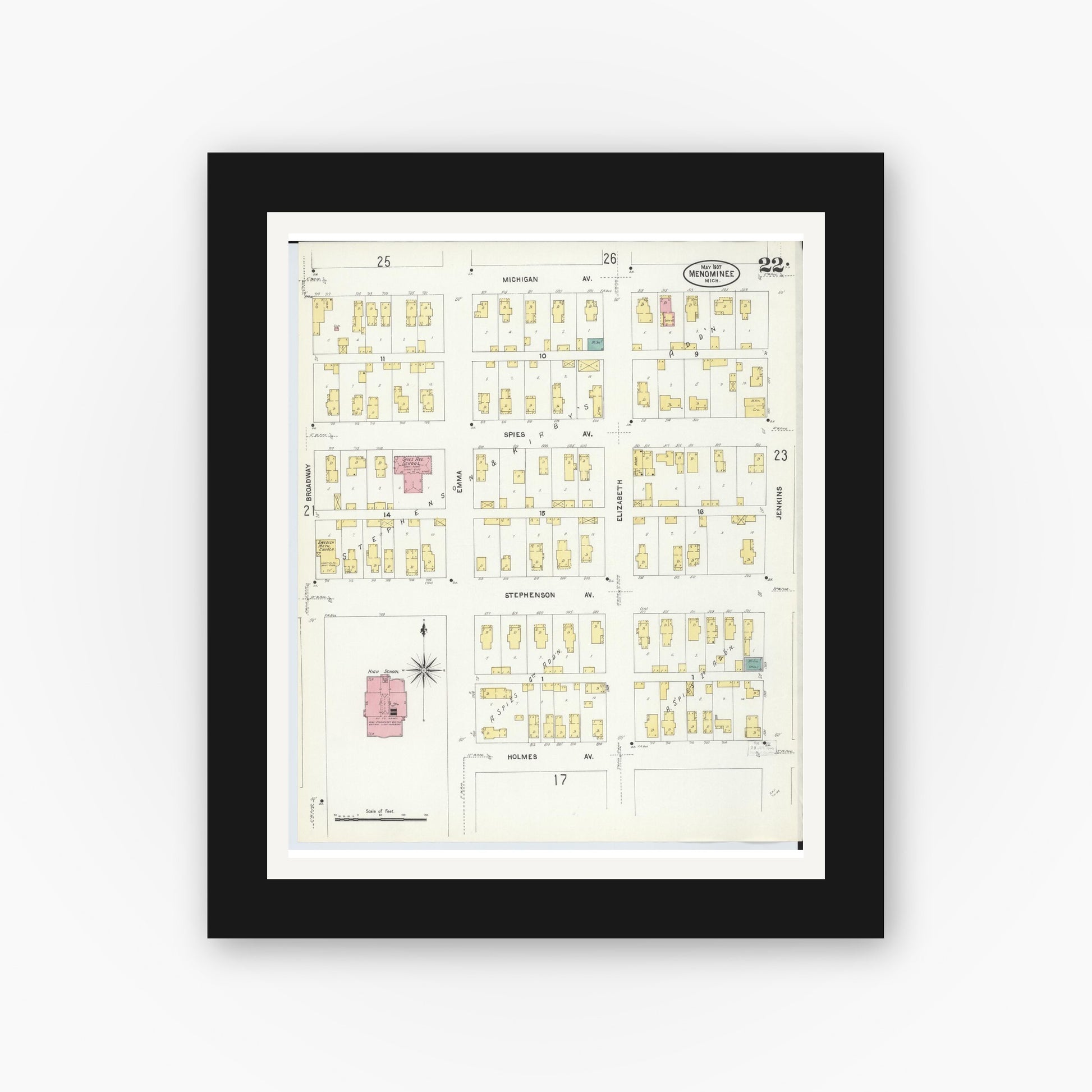 Old map wall art mockup — black gallery frame with white mat — Sanborn Fire Insurance Map from Menominee, Menominee County, Michigan (1907), Sheet #0022