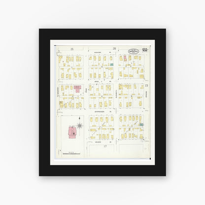 Old map wall art mockup — black gallery frame with white mat — Sanborn Fire Insurance Map from Menominee, Menominee County, Michigan (1907), Sheet #0022