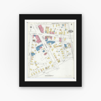 Old map wall art mockup — black gallery frame with white mat — Sanborn Fire Insurance Map from Birmingham, Oakland County, Michigan (1921), Sheet #0004