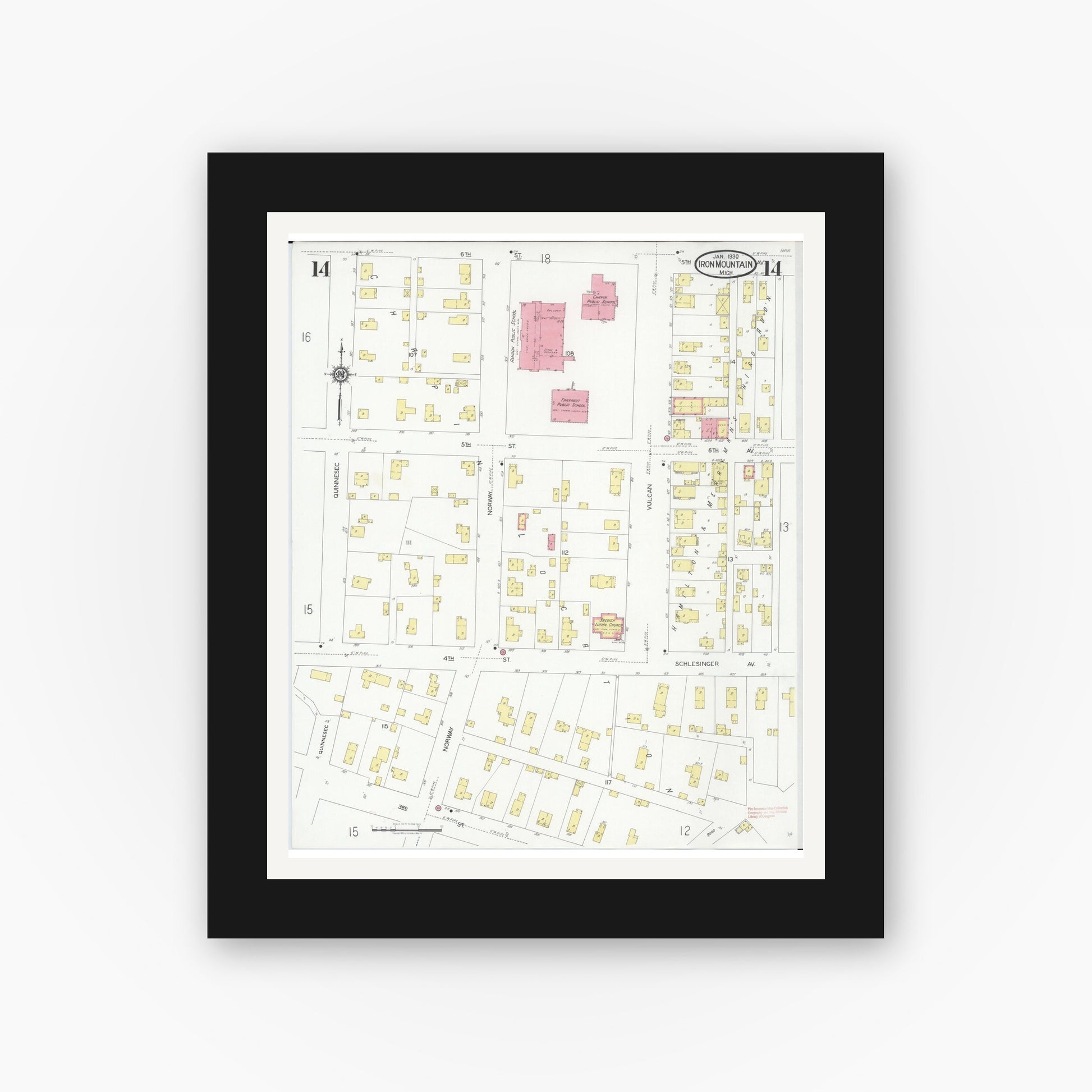 Old map wall art mockup — black gallery frame with white mat — Sanborn Fire Insurance Map from Iron Mountain, Dickinson County, Michigan (1930), Sheet #0014