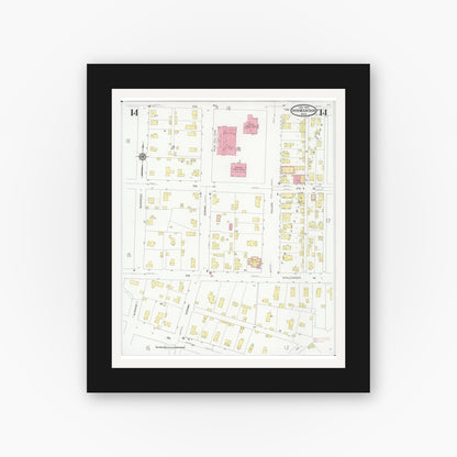 Old map wall art mockup — black gallery frame with white mat — Sanborn Fire Insurance Map from Iron Mountain, Dickinson County, Michigan (1930), Sheet #0014