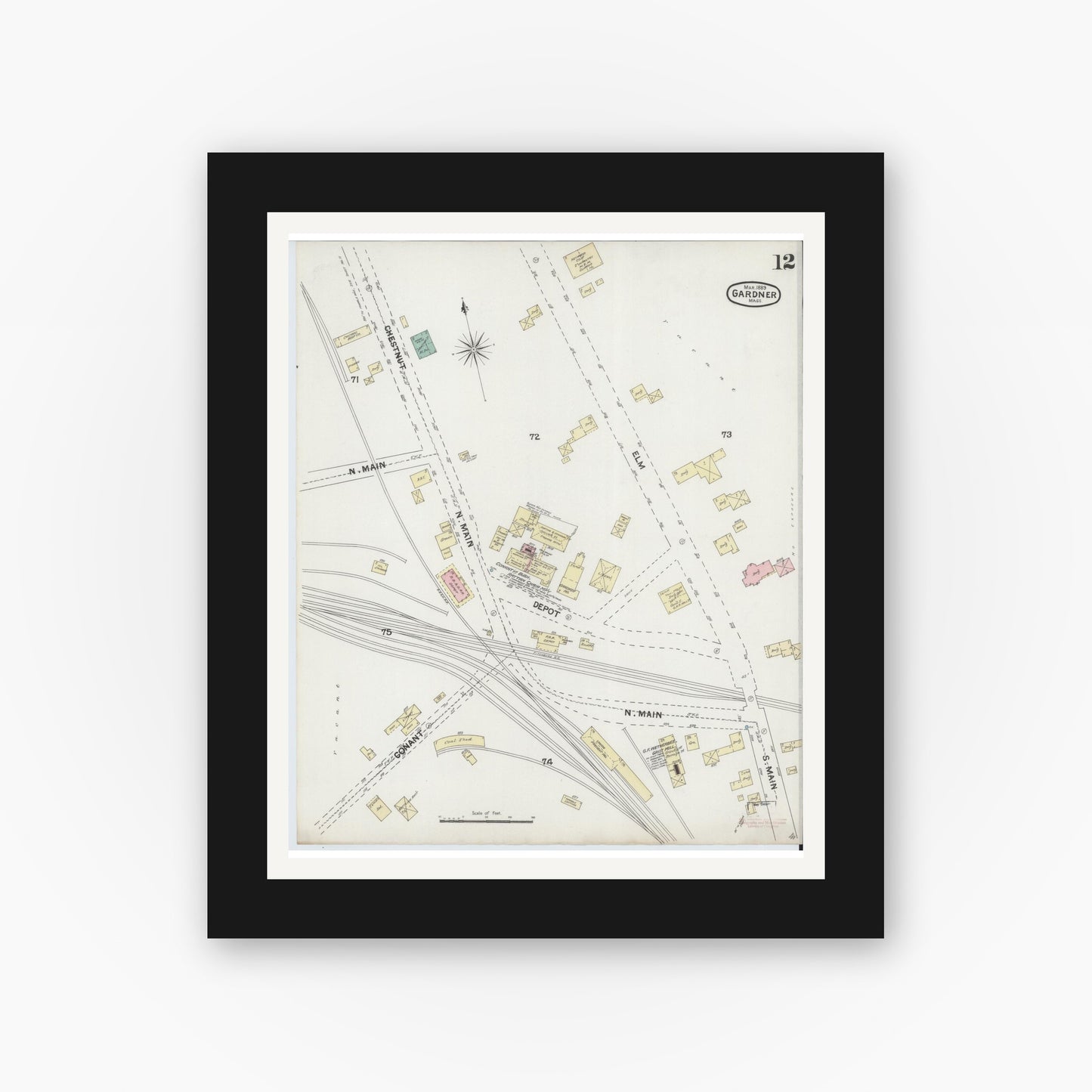 Old map wall art mockup — black gallery frame with white mat — Sanborn Fire Insurance Map from Gardner, Worcester County, Massachusetts (1889), Sheet #0012