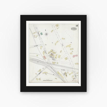 Old map wall art mockup — black gallery frame with white mat — Sanborn Fire Insurance Map from Gardner, Worcester County, Massachusetts (1889), Sheet #0012
