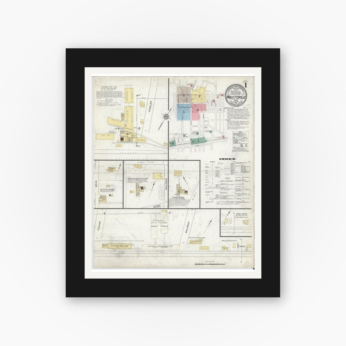 Old map wall art mockup — black gallery frame with white mat — Sanborn Fire Insurance Map from Hallettsville, Lavaca County, Texas (1912) - Complete Map Set