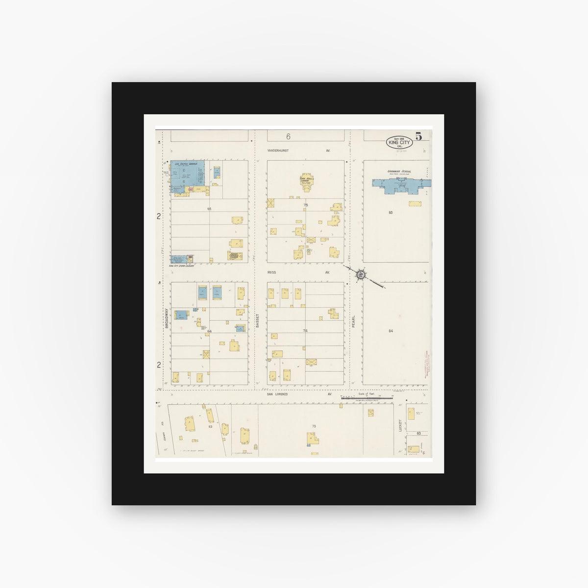 Old map wall art mockup — black gallery frame with white mat — Sanborn Fire Insurance Map from King City, Monterey County, California (1919), Sheet #0005