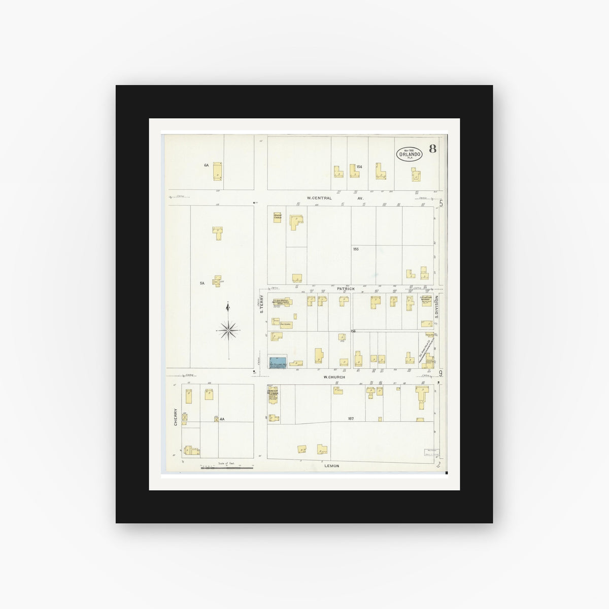 Old map wall art mockup — black gallery frame with white mat — Sanborn Fire Insurance Map from Orlando, Orange County, Florida (1908), Sheet #0008