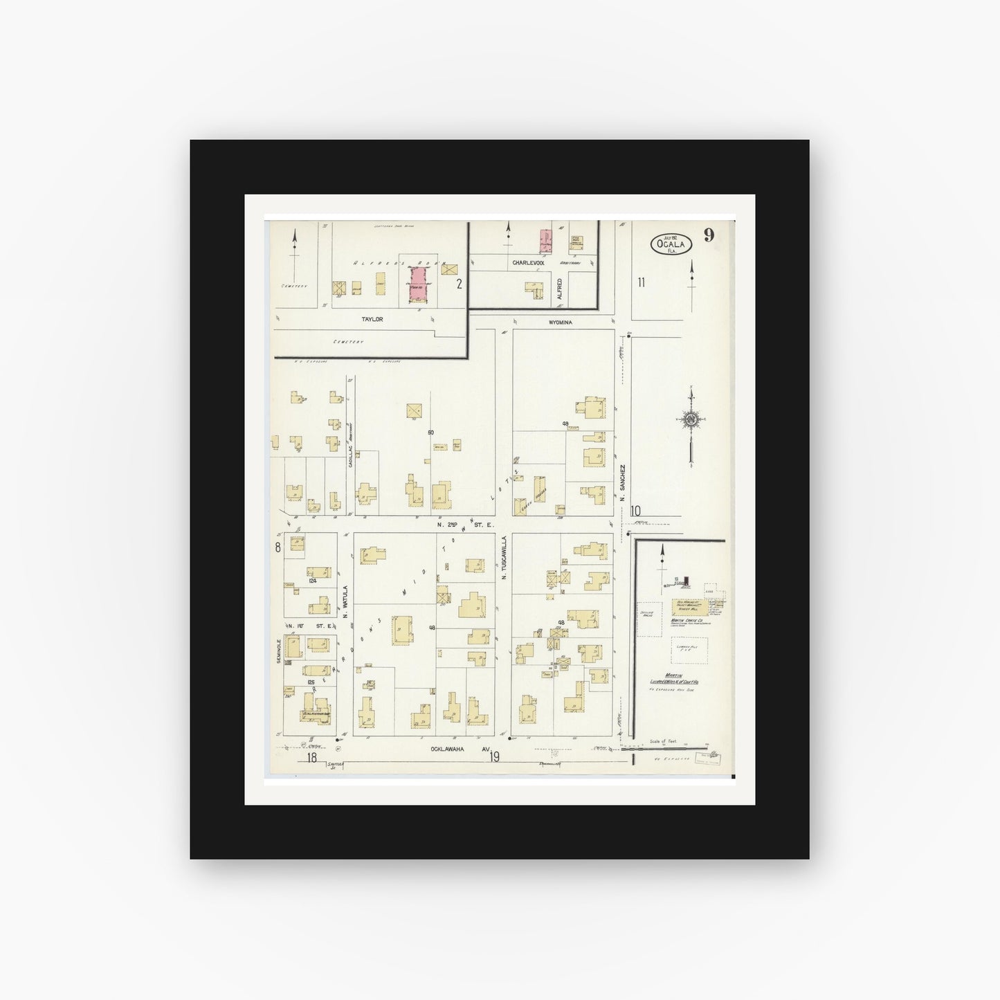 Old map wall art mockup — black gallery frame with white mat — Sanborn Fire Insurance Map from Ocala, Marion County, Florida (1912), Sheet #0009