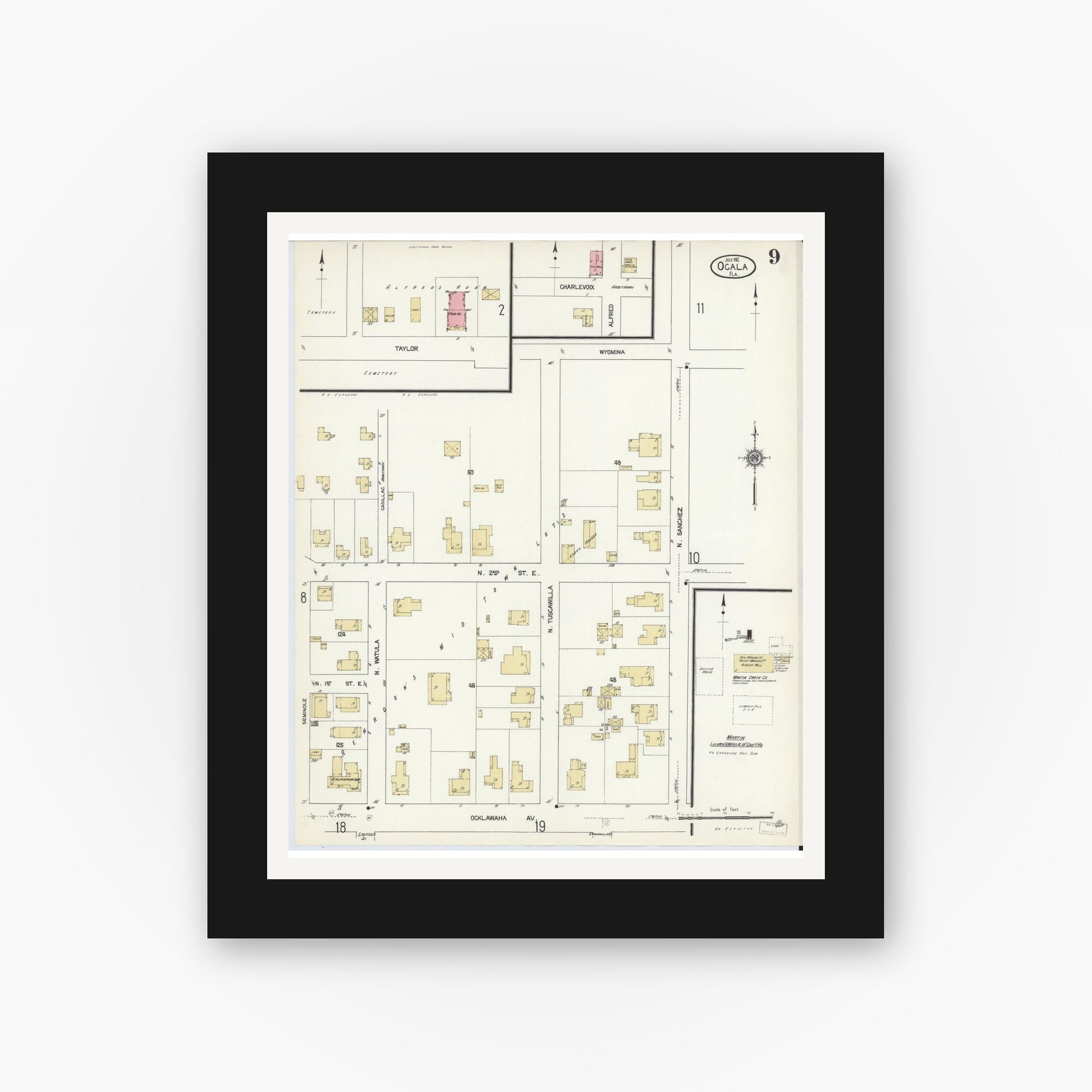Old map wall art mockup — black gallery frame with white mat — Sanborn Fire Insurance Map from Ocala, Marion County, Florida (1912), Sheet #0009