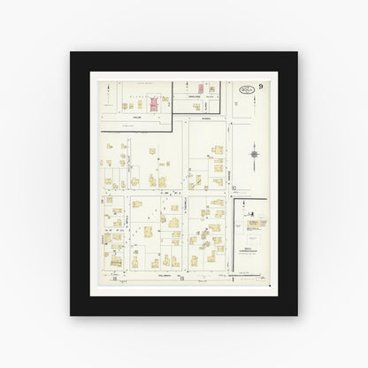 Old map wall art mockup — black gallery frame with white mat — Sanborn Fire Insurance Map from Ocala, Marion County, Florida (1912), Sheet #0009