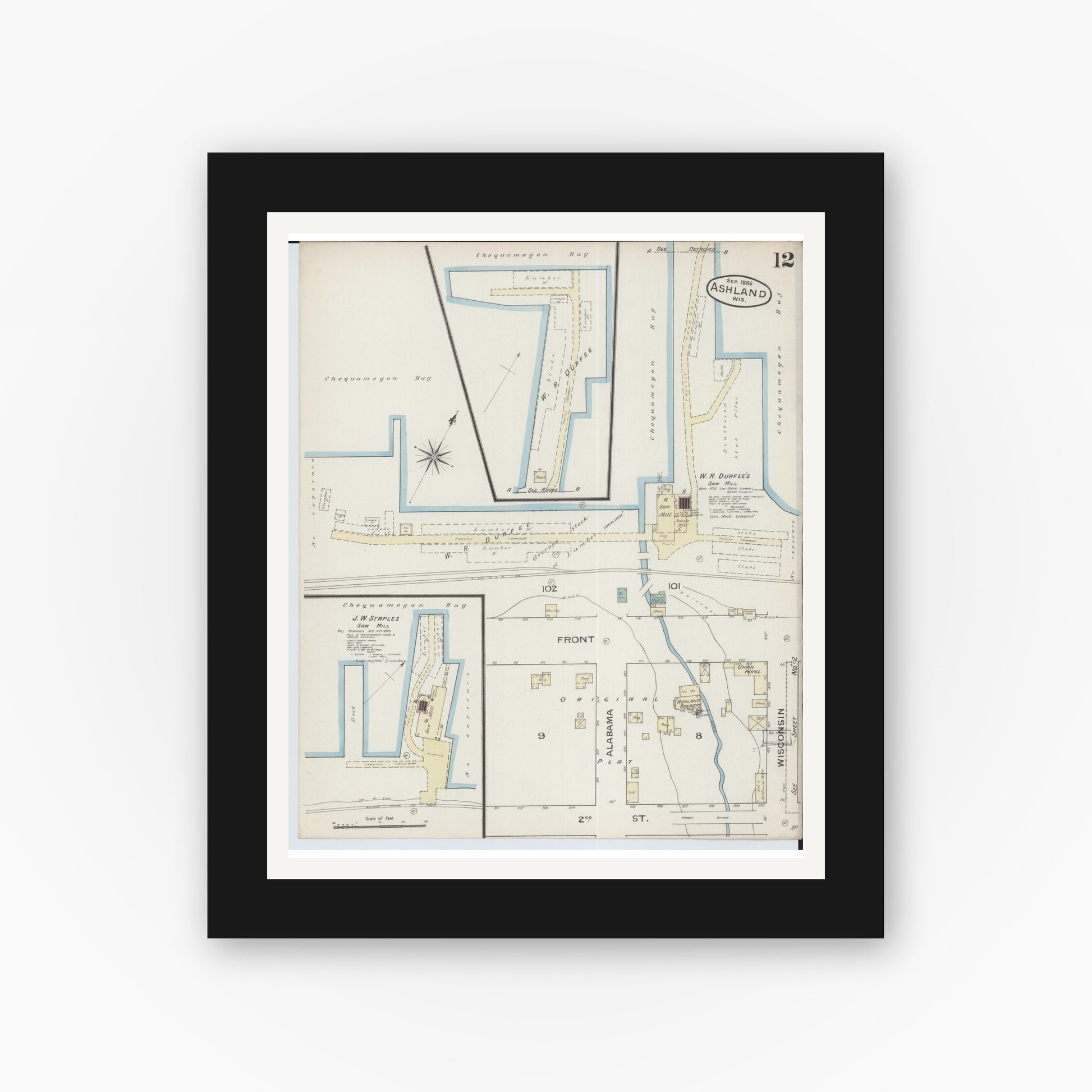 Old map wall art mockup — black gallery frame with white mat — Sanborn Fire Insurance Map from Ashland, Ashland County, Wisconsin (1886), Sheet #0012