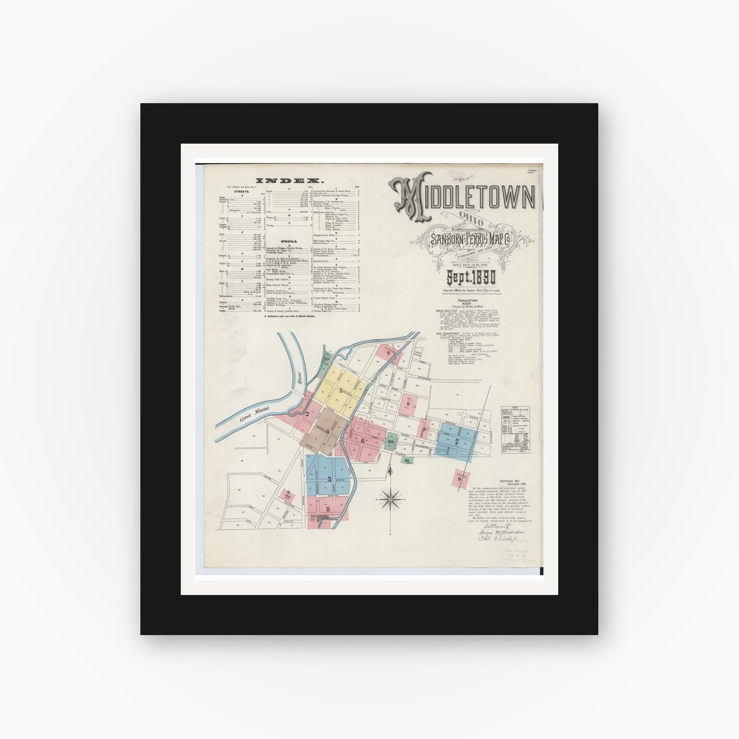 Old map wall art mockup — black gallery frame with white mat — Sanborn Fire Insurance Map from Middletown, Butler County, Ohio (1890), Sheet #0001