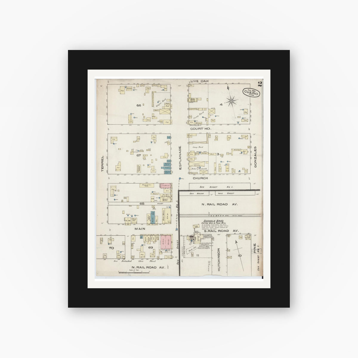Old map wall art mockup — black gallery frame with white mat — Sanborn Fire Insurance Map from Cuero, De Witt County, Texas (1885), Sheet #0002