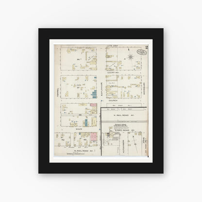 Old map wall art mockup — black gallery frame with white mat — Sanborn Fire Insurance Map from Cuero, De Witt County, Texas (1885), Sheet #0002