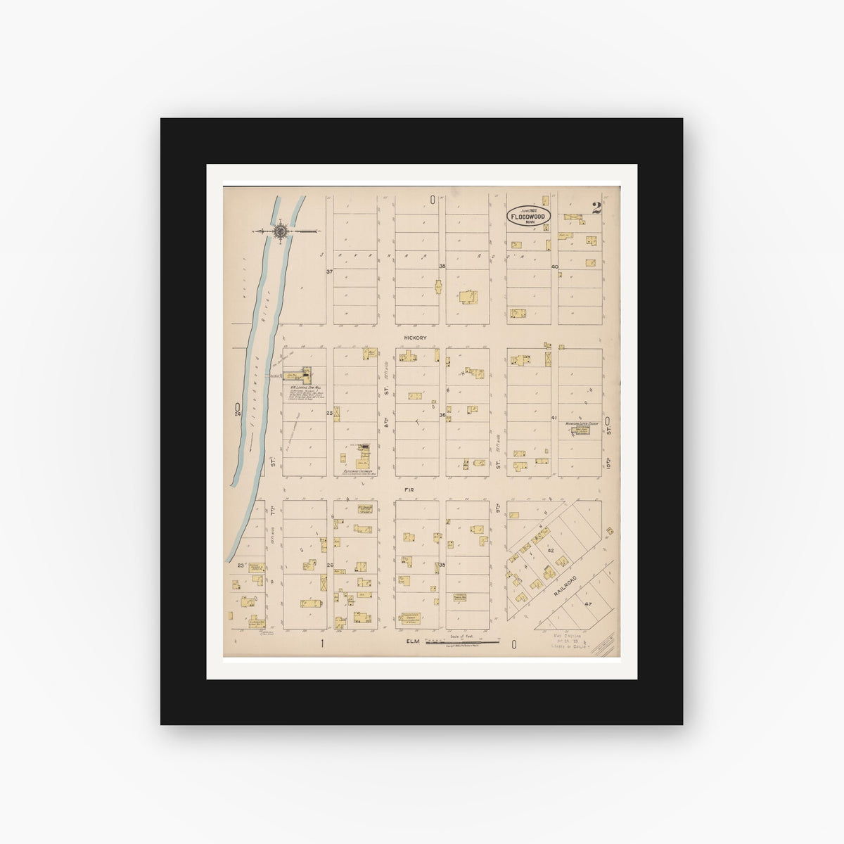 Old map wall art mockup — black gallery frame with white mat — Sanborn Fire Insurance Map from Floodwood, Saint Louis County, Minnesota (1922), Sheet #0002