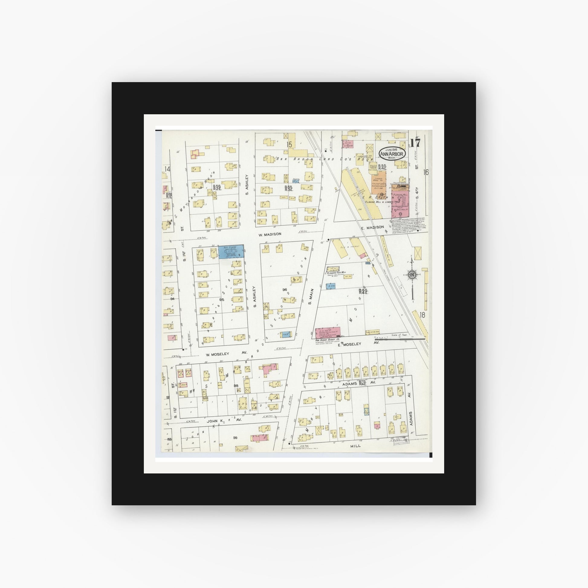 Old map wall art mockup — black gallery frame with white mat — Sanborn Fire Insurance Map from Ann Arbor, Washtenaw County, Michigan (1916), Sheet #0017