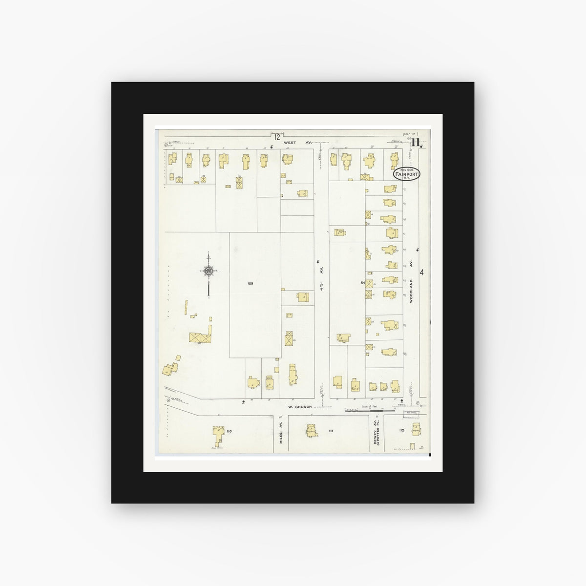 Old map wall art mockup — black gallery frame with white mat — Sanborn Fire Insurance Map from Fairport, Monroe County, New York (1909), Sheet #0011