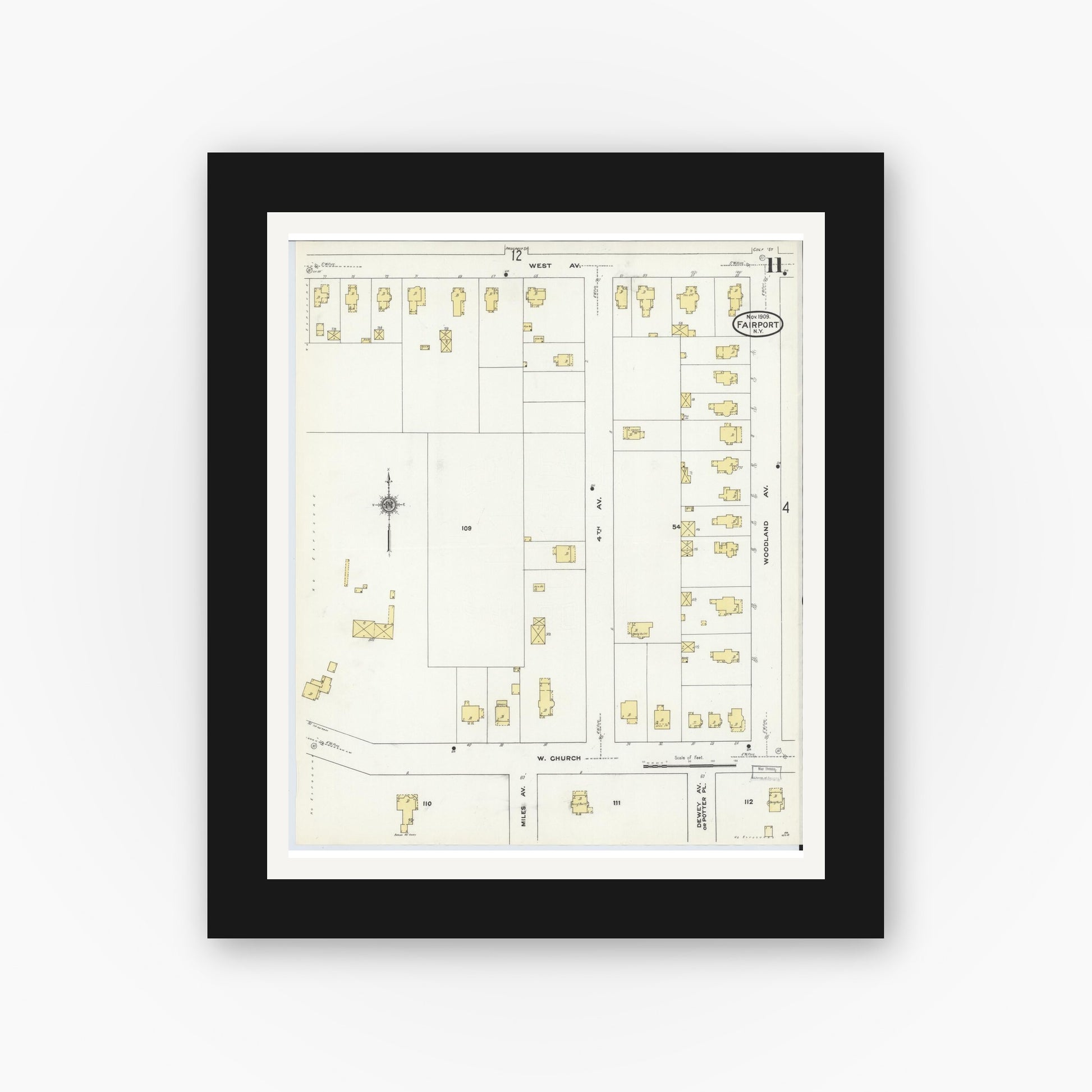 Old map wall art mockup — black gallery frame with white mat — Sanborn Fire Insurance Map from Fairport, Monroe County, New York (1909), Sheet #0011