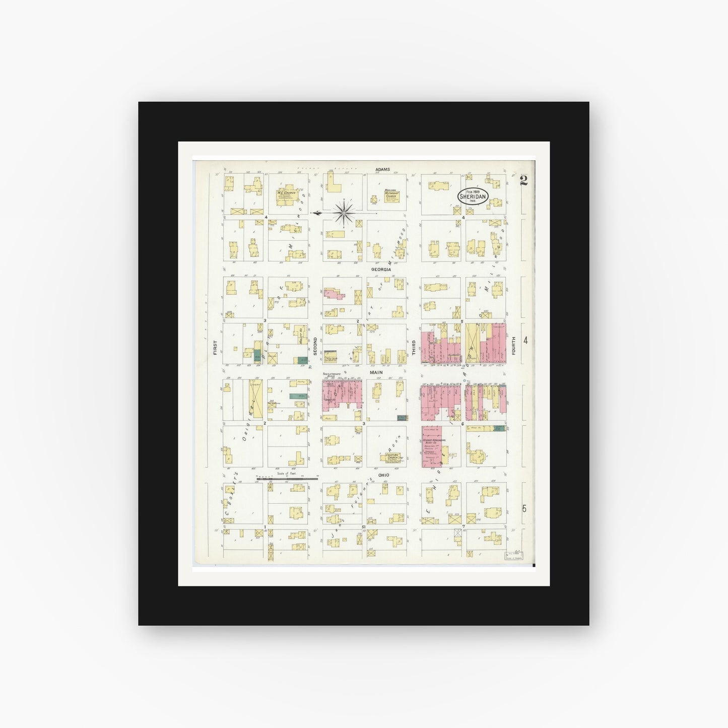 Old map wall art mockup — black gallery frame with white mat — Sanborn Fire Insurance Map from Sheridan, Hamilton County, Indiana (1909), Sheet #0002