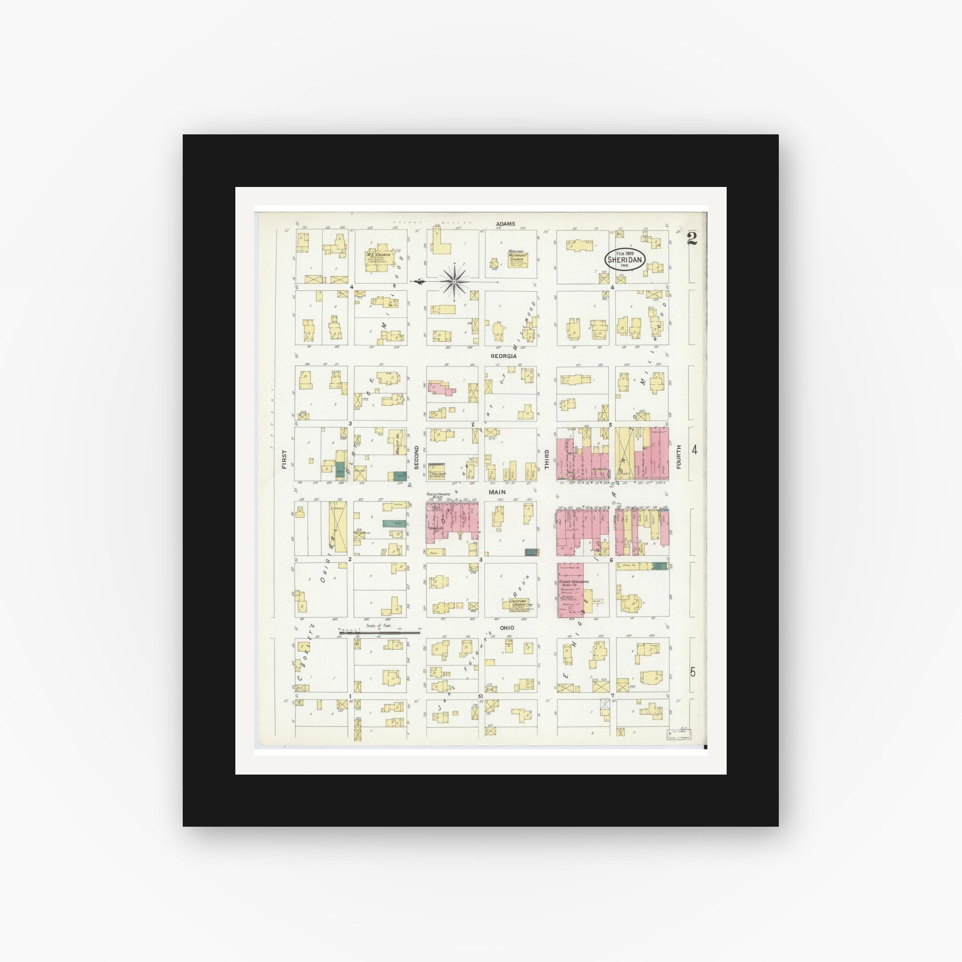 Old map wall art mockup — black gallery frame with white mat — Sanborn Fire Insurance Map from Sheridan, Hamilton County, Indiana (1909), Sheet #0002