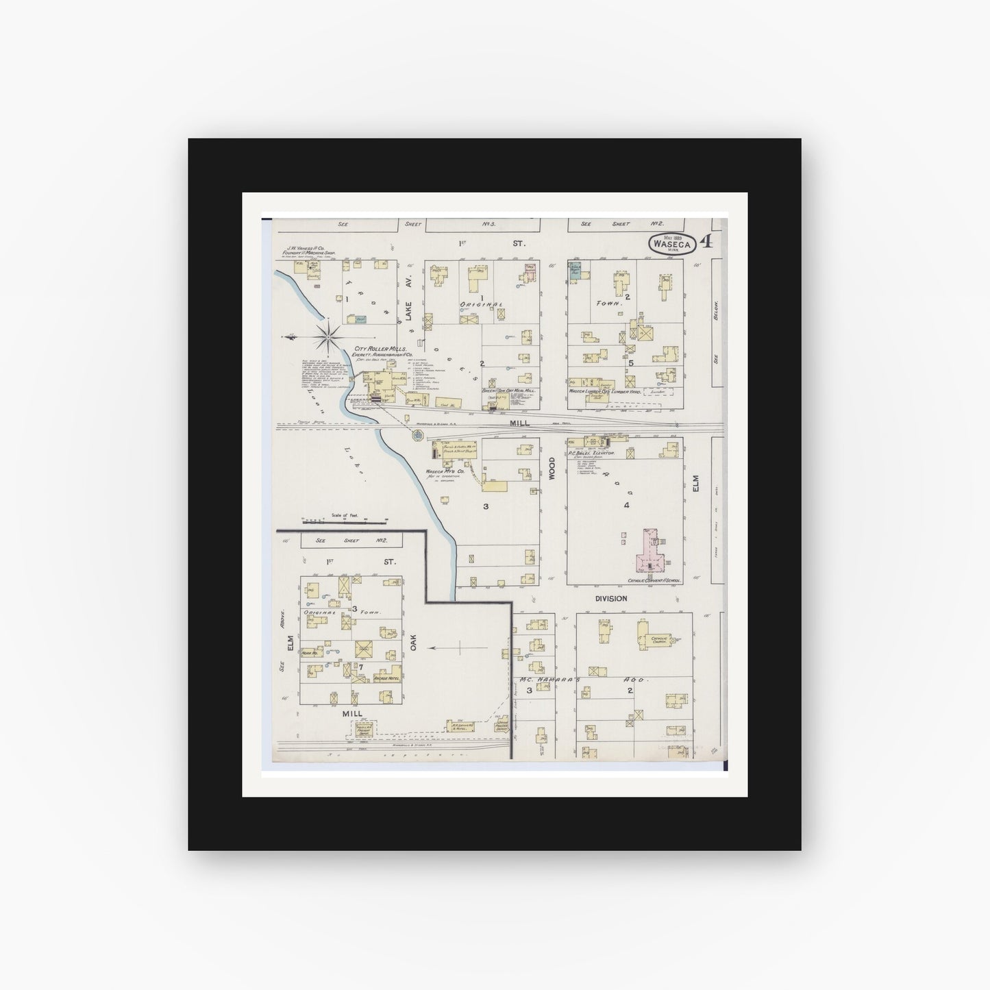 Old map wall art mockup — black gallery frame with white mat — Sanborn Fire Insurance Map from Waseca, Waseca County, Minnesota (1889), Sheet #0004