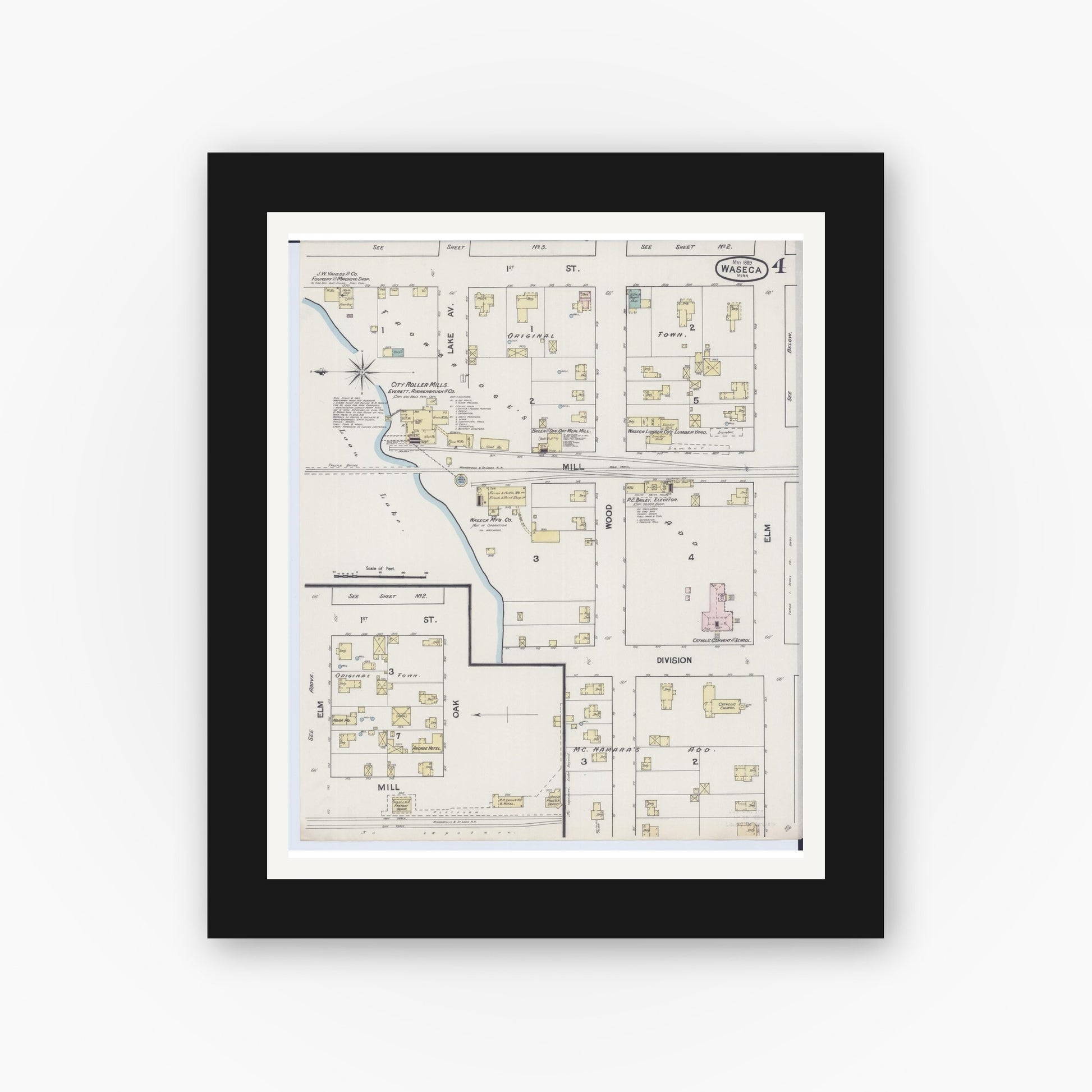 Old map wall art mockup — black gallery frame with white mat — Sanborn Fire Insurance Map from Waseca, Waseca County, Minnesota (1889), Sheet #0004