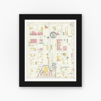Old map wall art mockup — black gallery frame with white mat — Sanborn Fire Insurance Map from Elgin, Bastrop County, Texas (1905), Sheet #0001