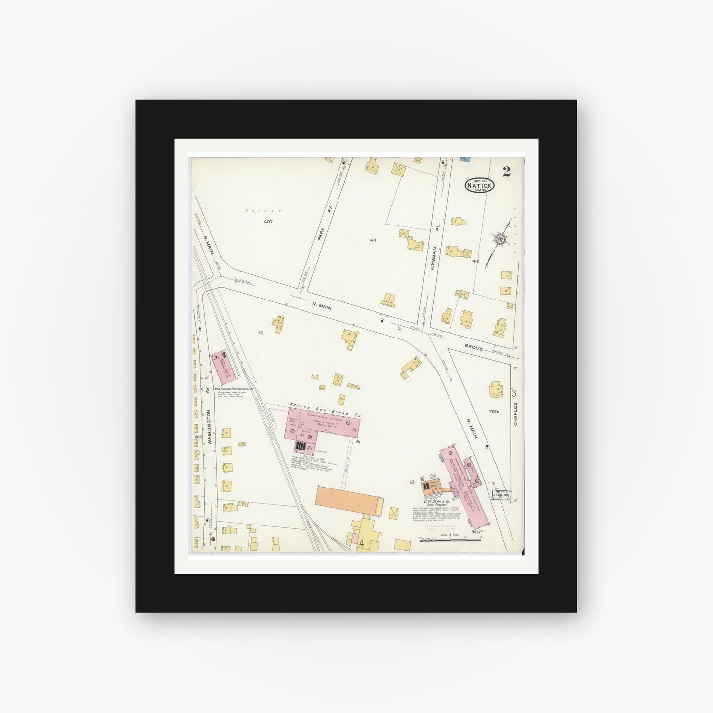 Old map wall art mockup — black gallery frame with white mat — Sanborn Fire Insurance Map from Natick, Middlesex County, Massachusetts (1915), Sheet #0002