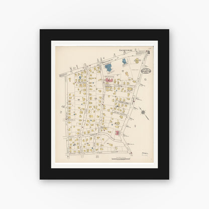 Old map wall art mockup — black gallery frame with white mat — Sanborn Fire Insurance Map from Arlington, Middlesex County, Massachusetts (1922), Sheet #0008