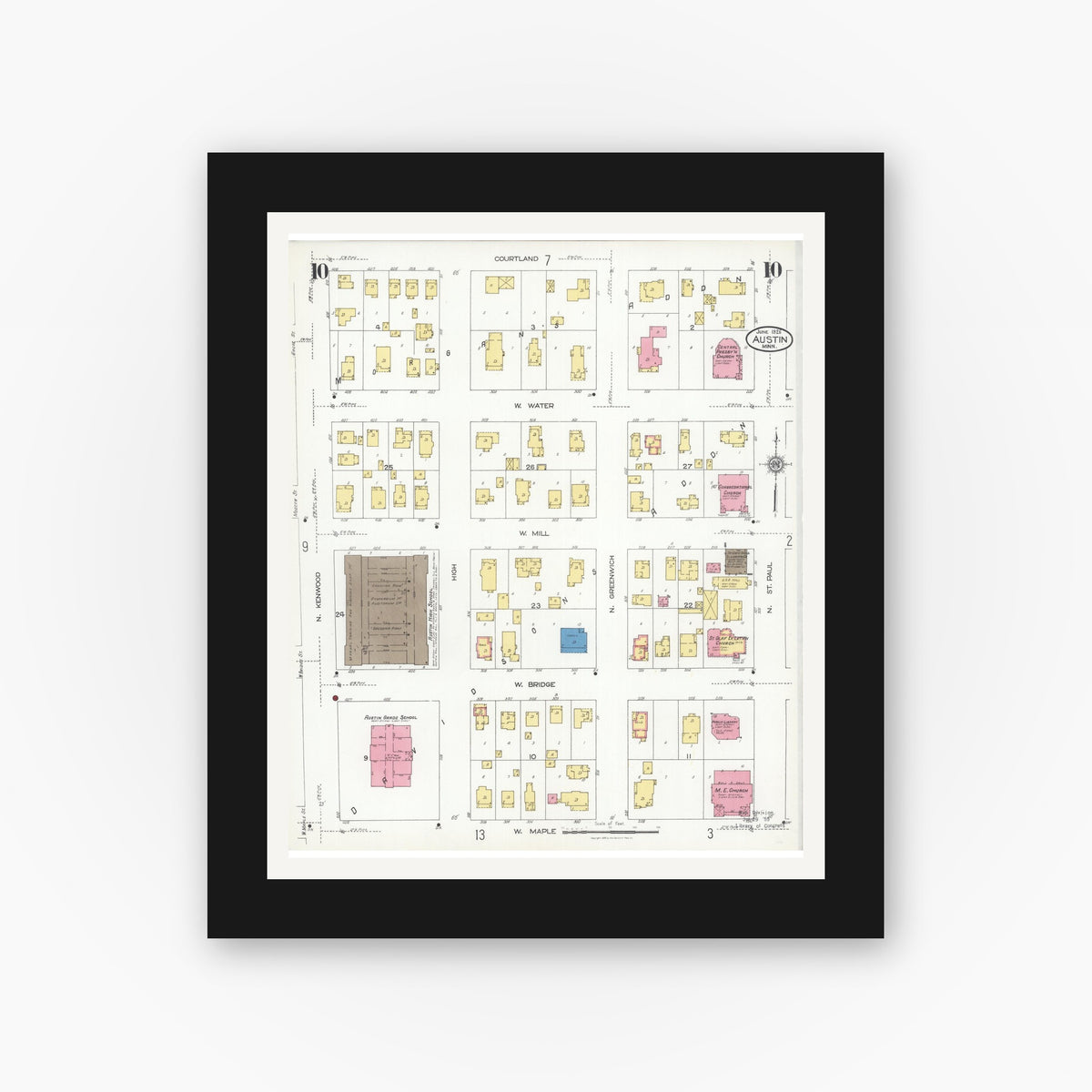 Old map wall art mockup — black gallery frame with white mat — Sanborn Fire Insurance Map from Austin, Mower County, Minnesota (1926), Sheet #0010