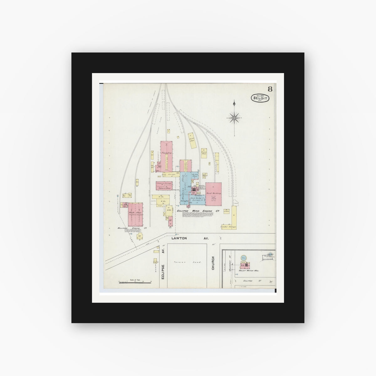 Old map wall art mockup — black gallery frame with white mat — Sanborn Fire Insurance Map from Beloit, Rock County, Wisconsin (1890), Sheet #0008