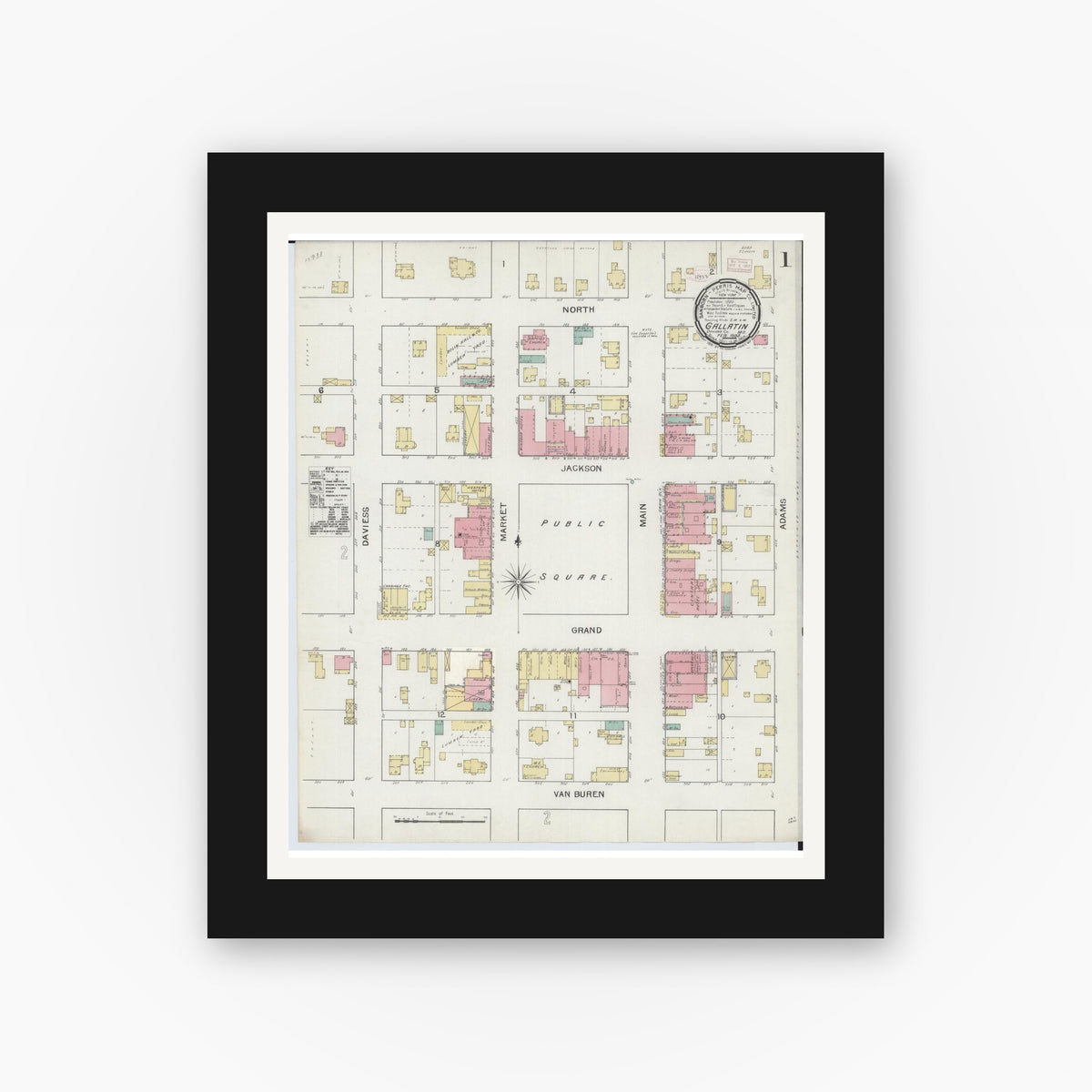 Old map wall art mockup — black gallery frame with white mat — Sanborn Fire Insurance Map from Gallatin, Daviess County, Missouri (1893) - Complete Map Set