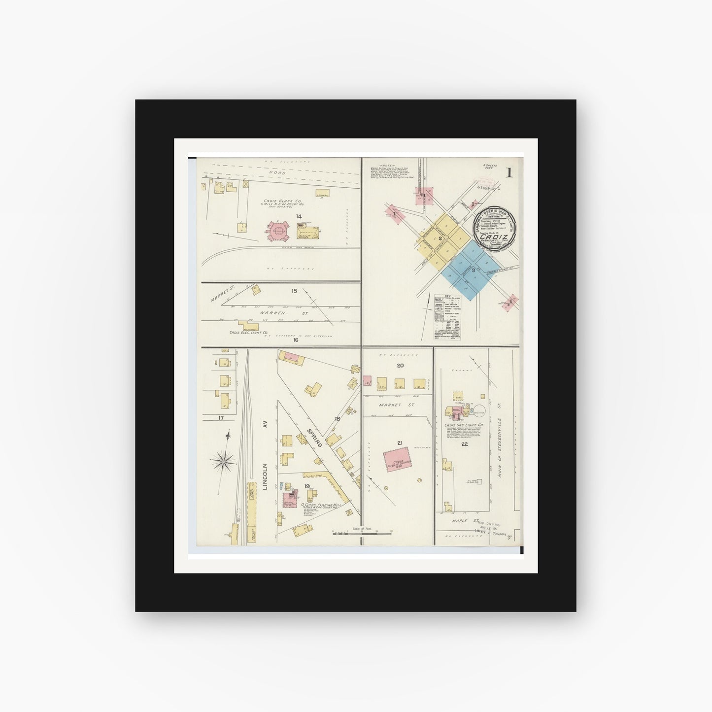 Old map wall art mockup — black gallery frame with white mat — Sanborn Fire Insurance Map from Cadiz, Harrison County, Ohio (1892), Sheet #0001