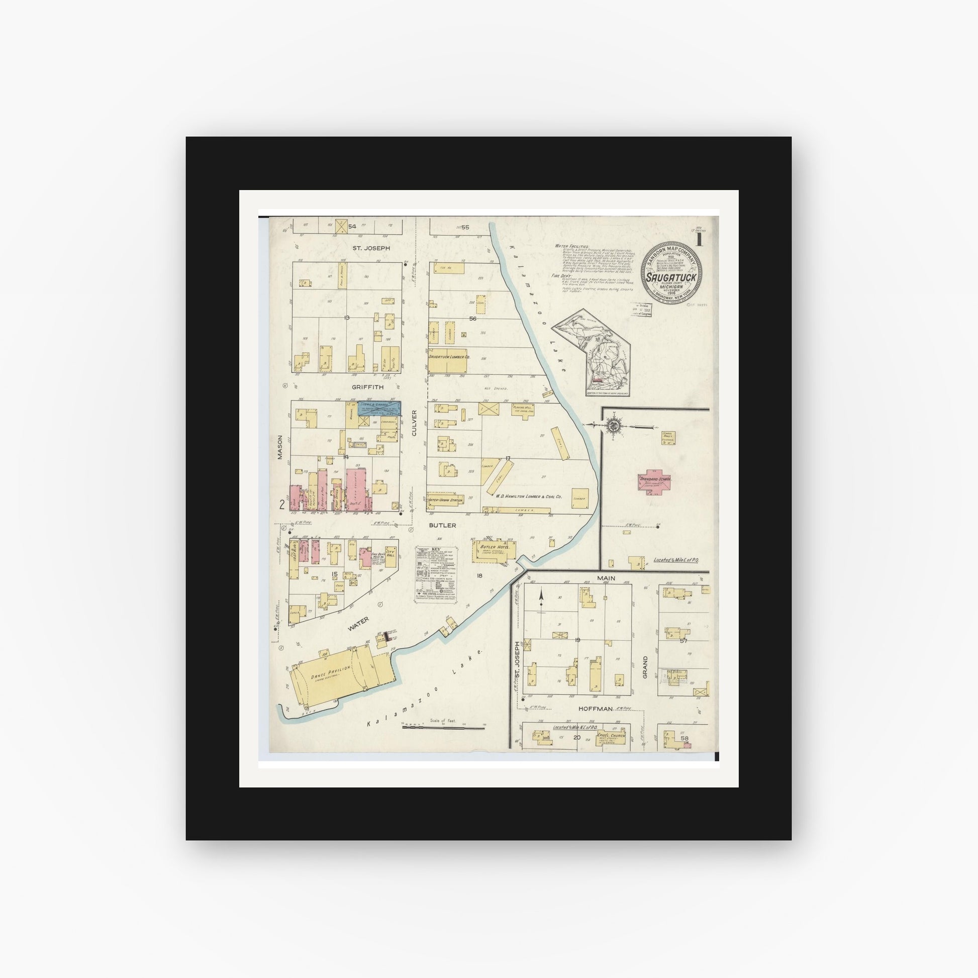 Old map wall art mockup — black gallery frame with white mat — Sanborn Fire Insurance Map from Saugatuck, Allegan County, Michigan (1916) - Complete Map Set