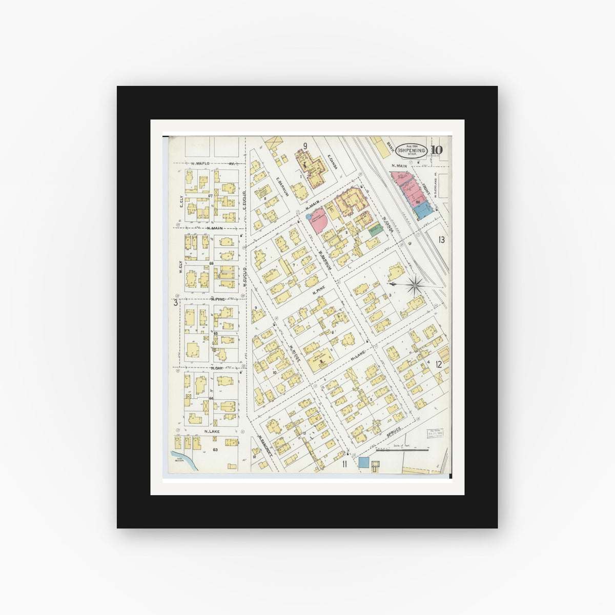 Old map wall art mockup — black gallery frame with white mat — Sanborn Fire Insurance Map from Ishpeming, Marquette County, Michigan (1904), Sheet #0010