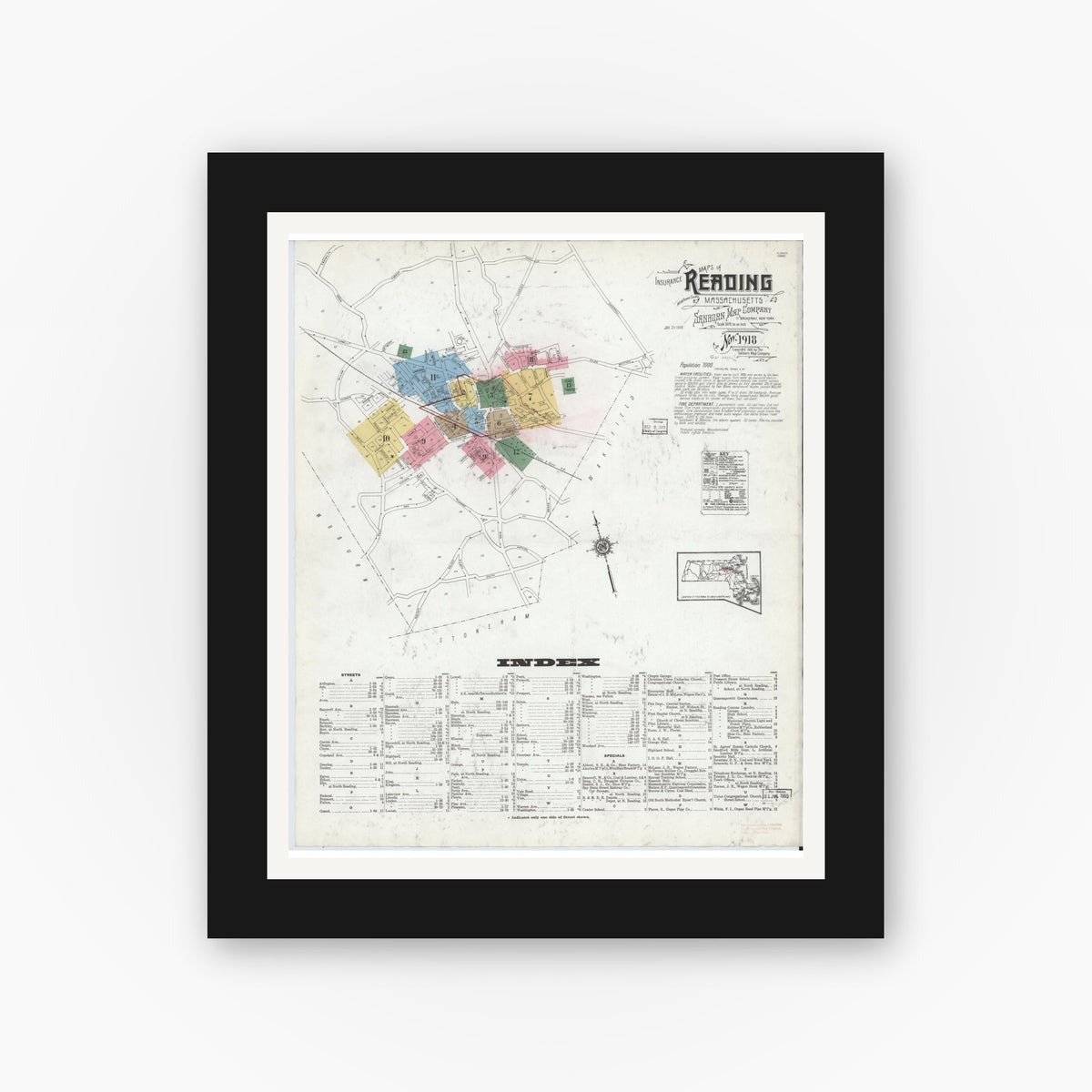 Old map wall art mockup — black gallery frame with white mat — Sanborn Fire Insurance Map from Reading, Middlesex County, Massachusetts (1918) - Complete Map Set