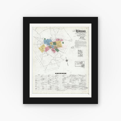 Old map wall art mockup — black gallery frame with white mat — Sanborn Fire Insurance Map from Reading, Middlesex County, Massachusetts (1918) - Complete Map Set