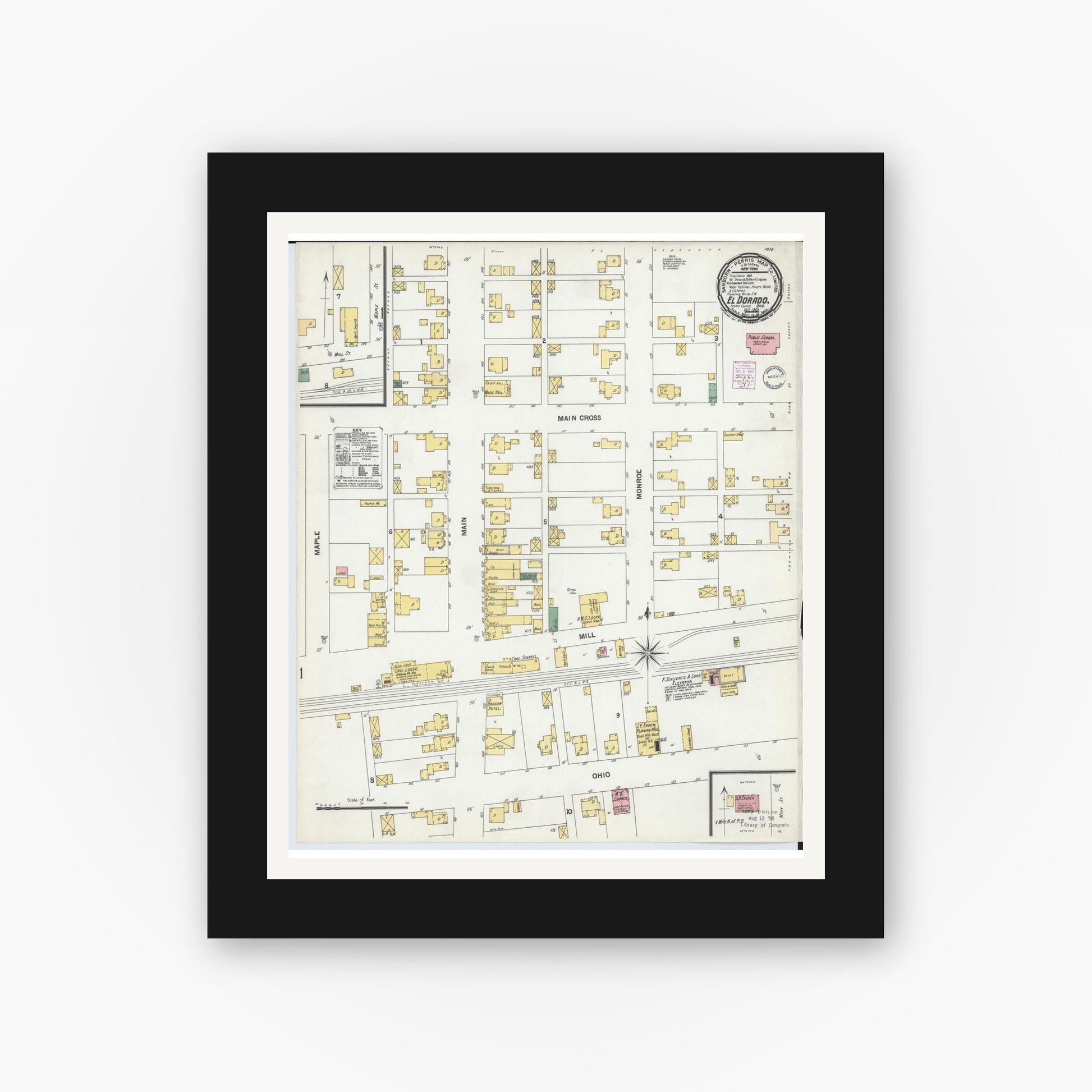 Old map wall art mockup — black gallery frame with white mat — Sanborn Fire Insurance Map from El Dorado, Preble County, Ohio (1901), Sheet #0001