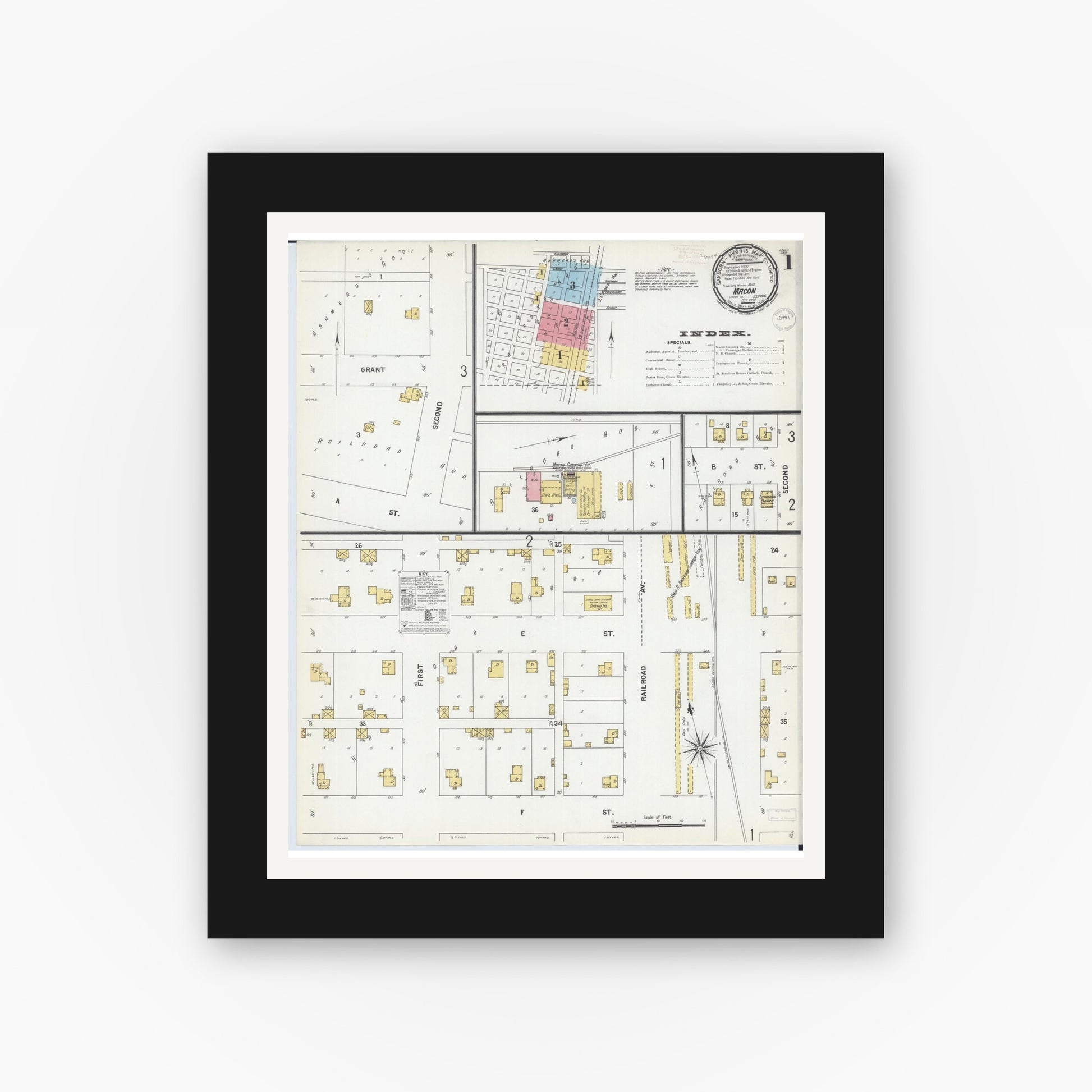 Old map wall art mockup — black gallery frame with white mat — Sanborn Fire Insurance Map from Macon, Macon County, Illinois (1899) - Complete Map Set