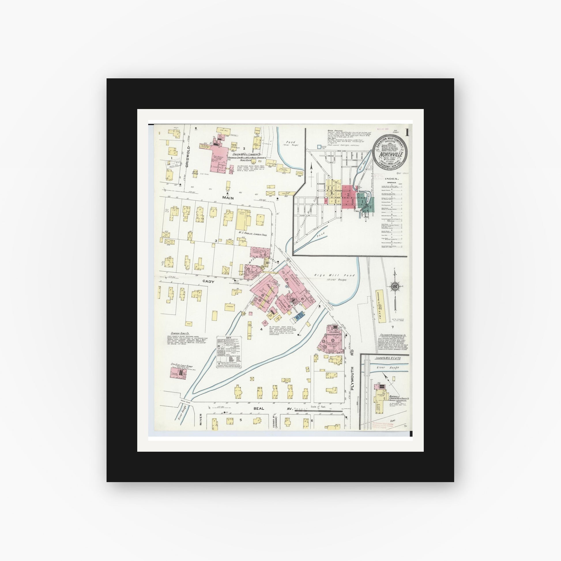 Old map wall art mockup — black gallery frame with white mat — Sanborn Fire Insurance Map from Northville, Wayne County, Michigan (1909) - Complete Map Set