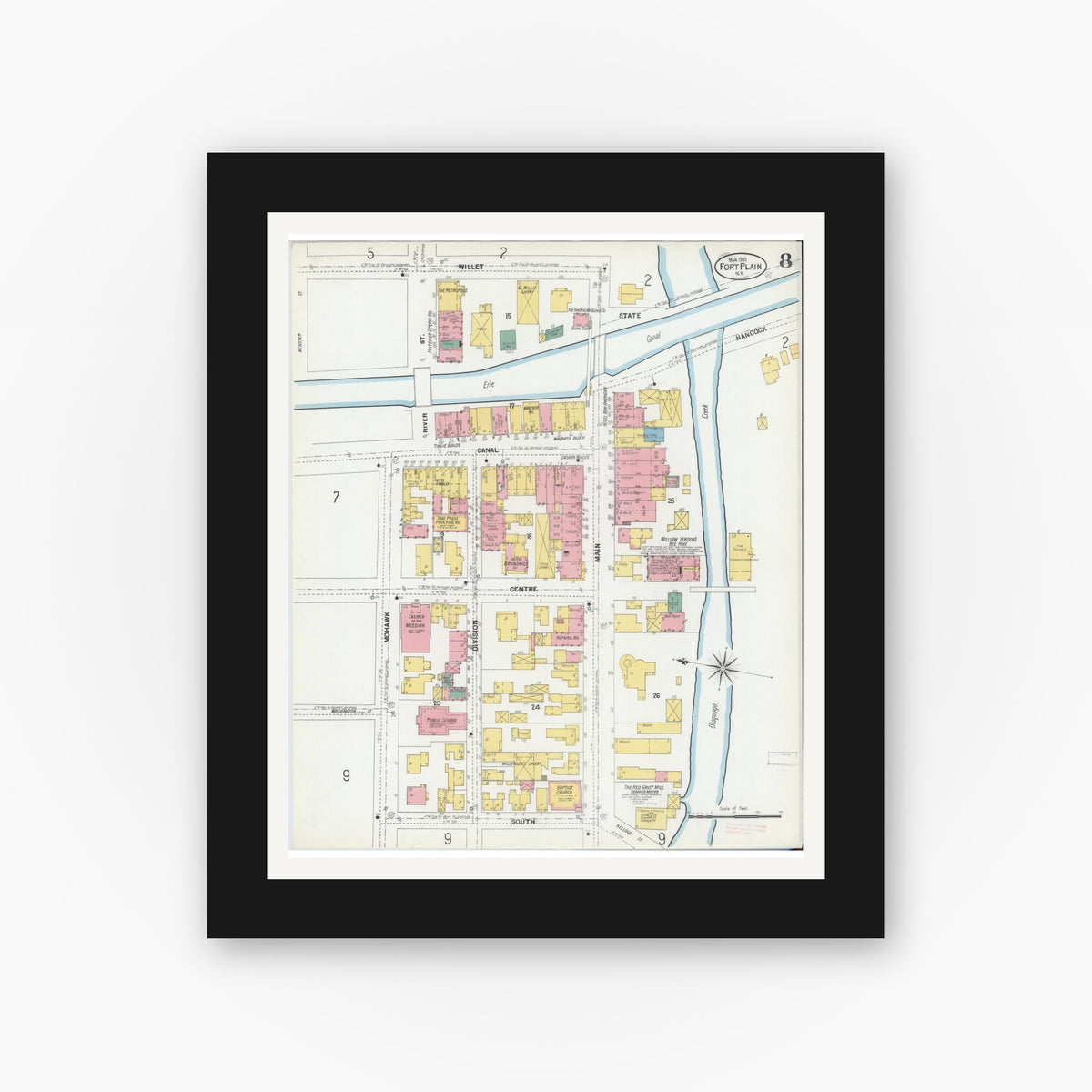 Old map wall art mockup — black gallery frame with white mat — Sanborn Fire Insurance Map from Fort Plain, Montgomery County, New York (1901), Sheet #0008