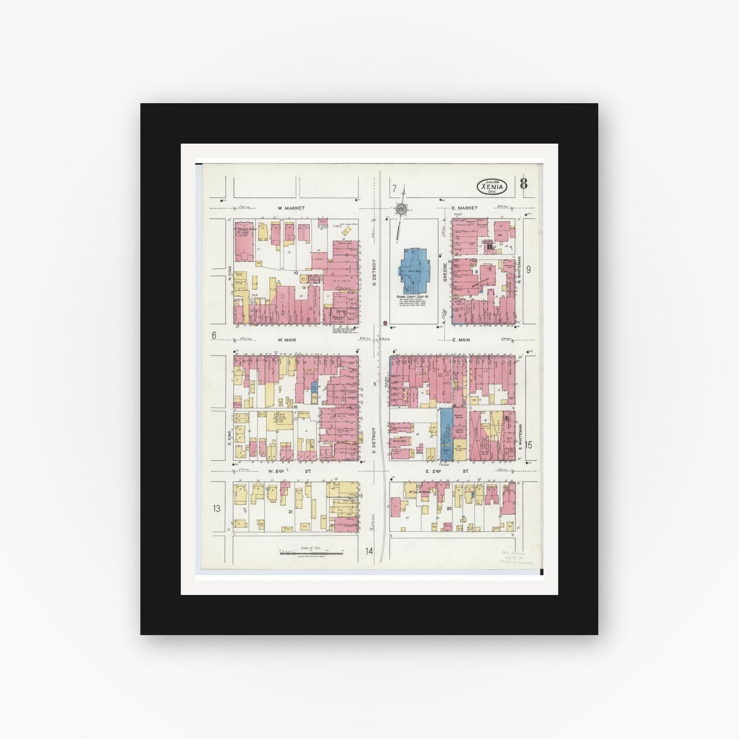 Old map wall art mockup — black gallery frame with white mat — Sanborn Fire Insurance Map from Xenia, Greene County, Ohio (1919), Sheet #0008