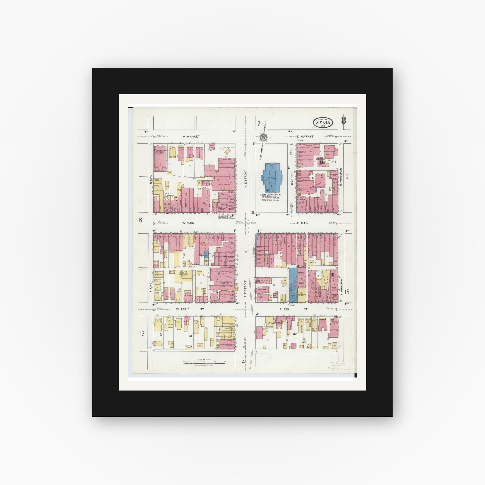 Old map wall art mockup — black gallery frame with white mat — Sanborn Fire Insurance Map from Xenia, Greene County, Ohio (1919), Sheet #0008