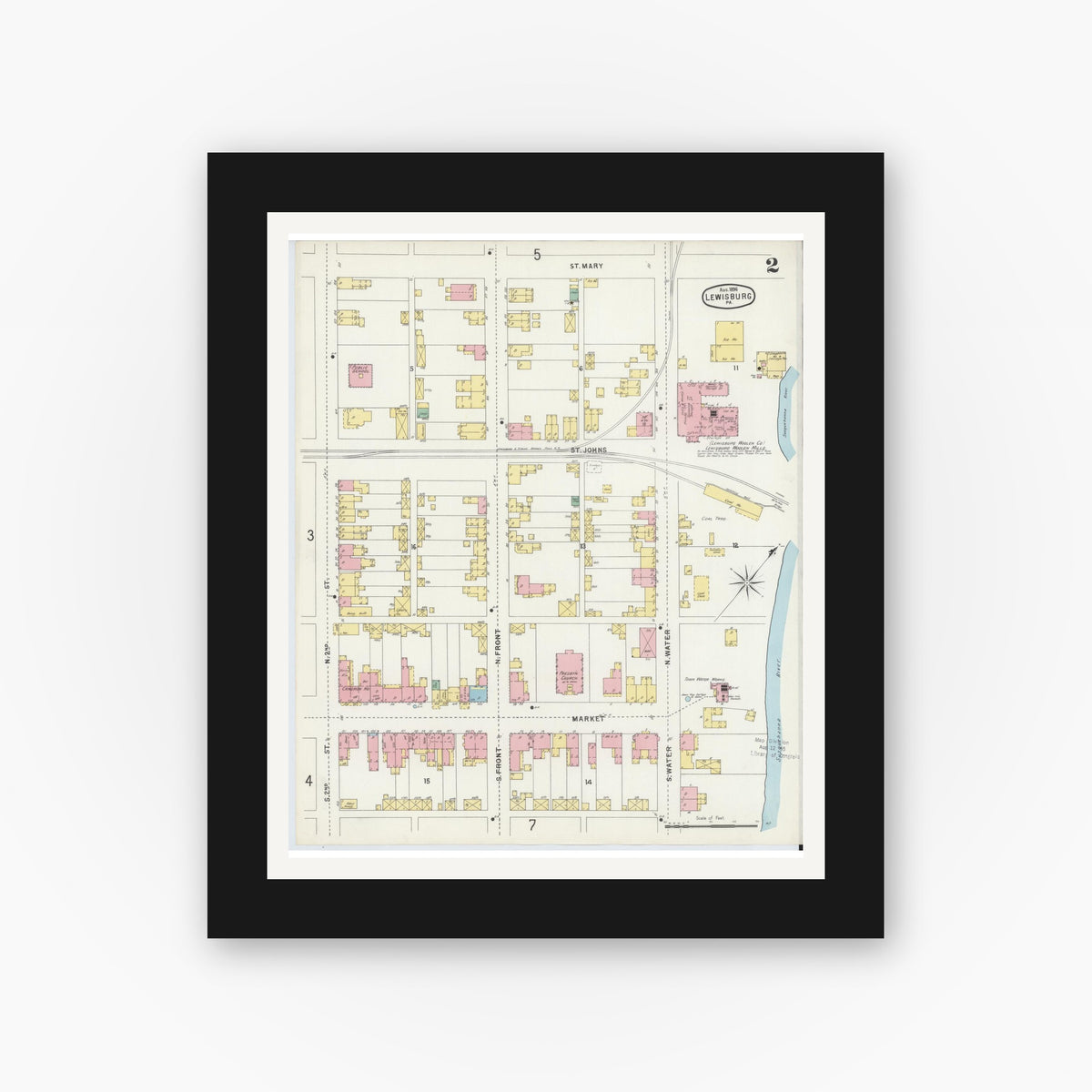 Old map wall art mockup — black gallery frame with white mat — Sanborn Fire Insurance Map from Lewisburg, Union County, Pennsylvania (1896), Sheet #0002